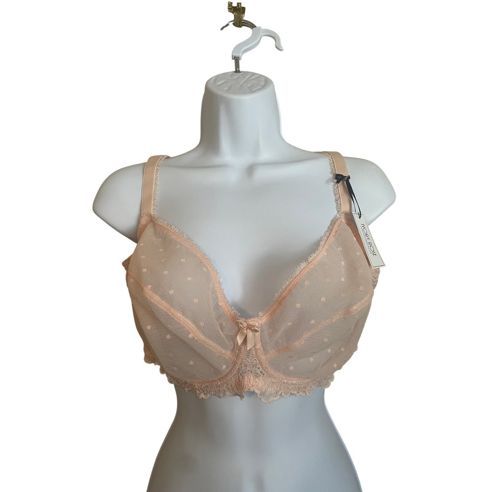 NWT IVORY ROSE Curve Pink Pastel Polka Dot Tulle Lace Trim Bra Coquette US 40G